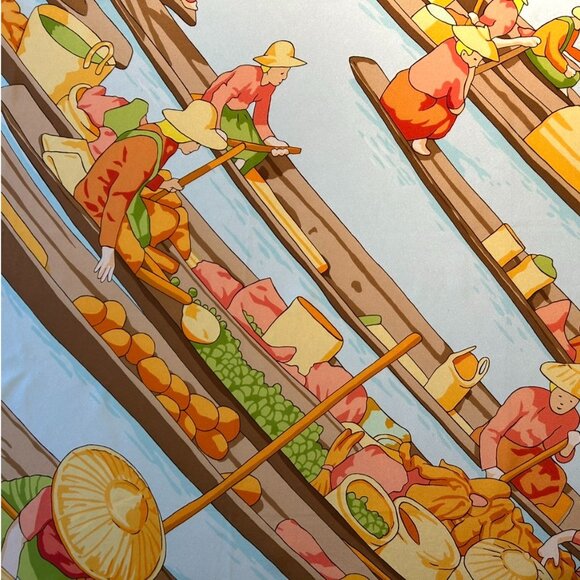 Hermes Silk "Marche Flottant Du Lac Inle II" Scarf Tangerine Color w Blue - Picture 4 of 16